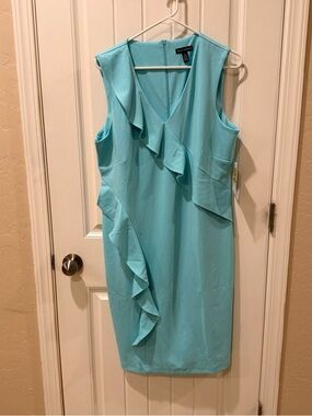 Nina Leonard Ruffle V-Neck Sheath Dress Aqua Blue XL NWT
